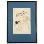 Two Japanese woodblock prints, one depicting a pair of laughing boys, the other: two beauties,