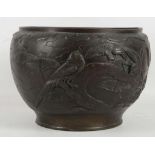 Japanese Meiji period, bronze jardinière, decorated with a continuous patter of birds among pine