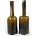 TWO 18th CENTURY WINE BOTTLES, mallet form dark gr