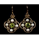 A pair of Victorian 9ct gold, peridot, seed pearl