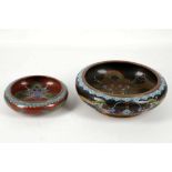 Cloisonné, two dragon decorated bowls, one bearing
