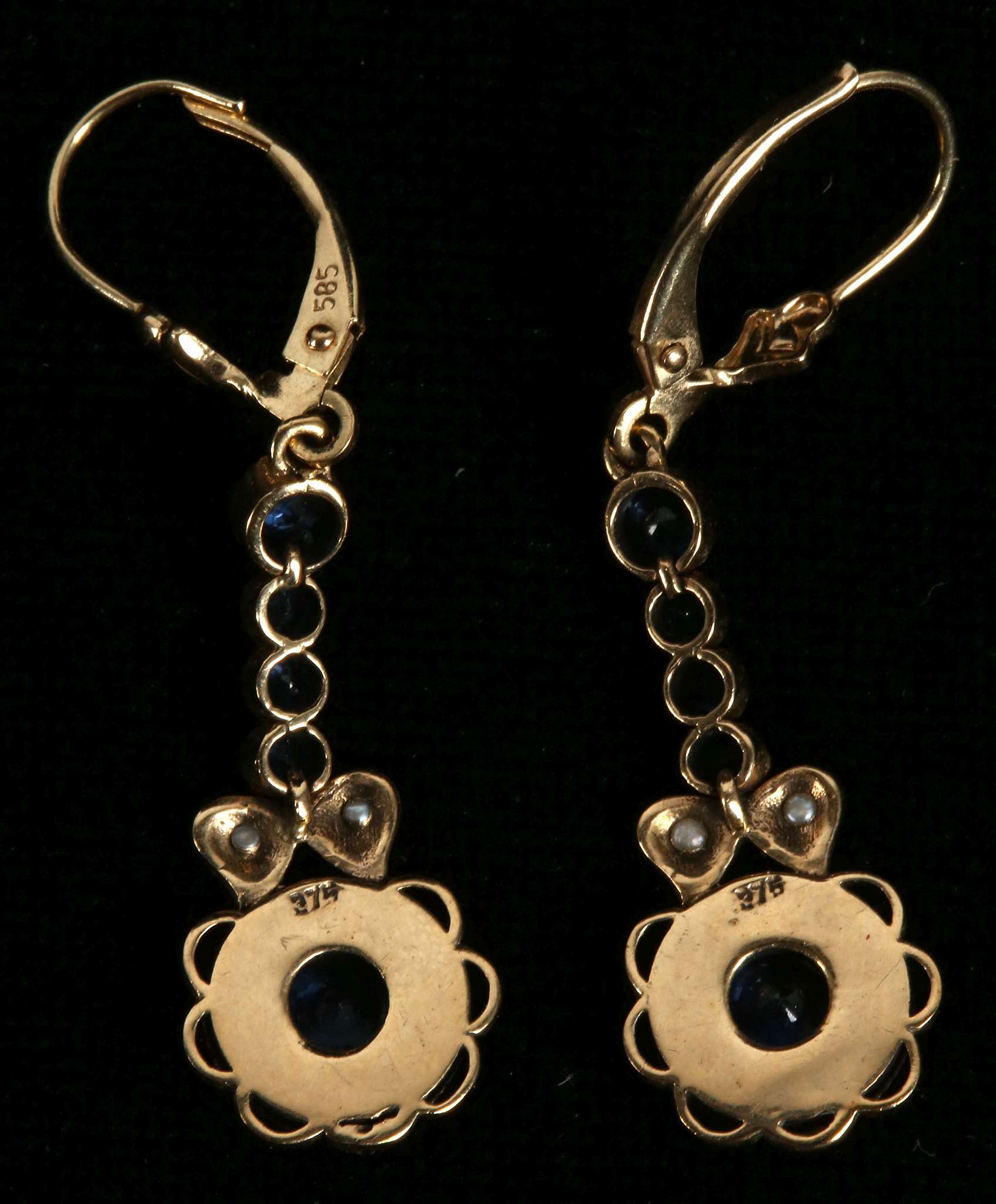 A pair of 9ct gold, sapphire, black onyx and seed - Image 2 of 2