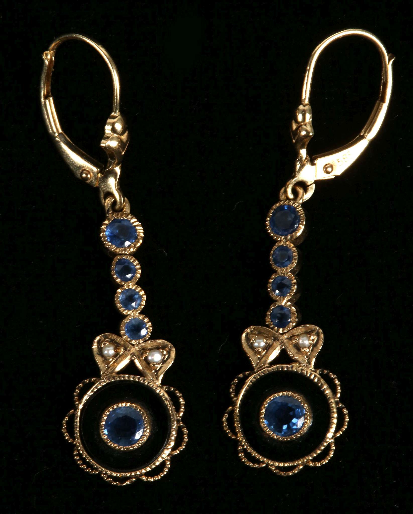 A pair of 9ct gold, sapphire, black onyx and seed