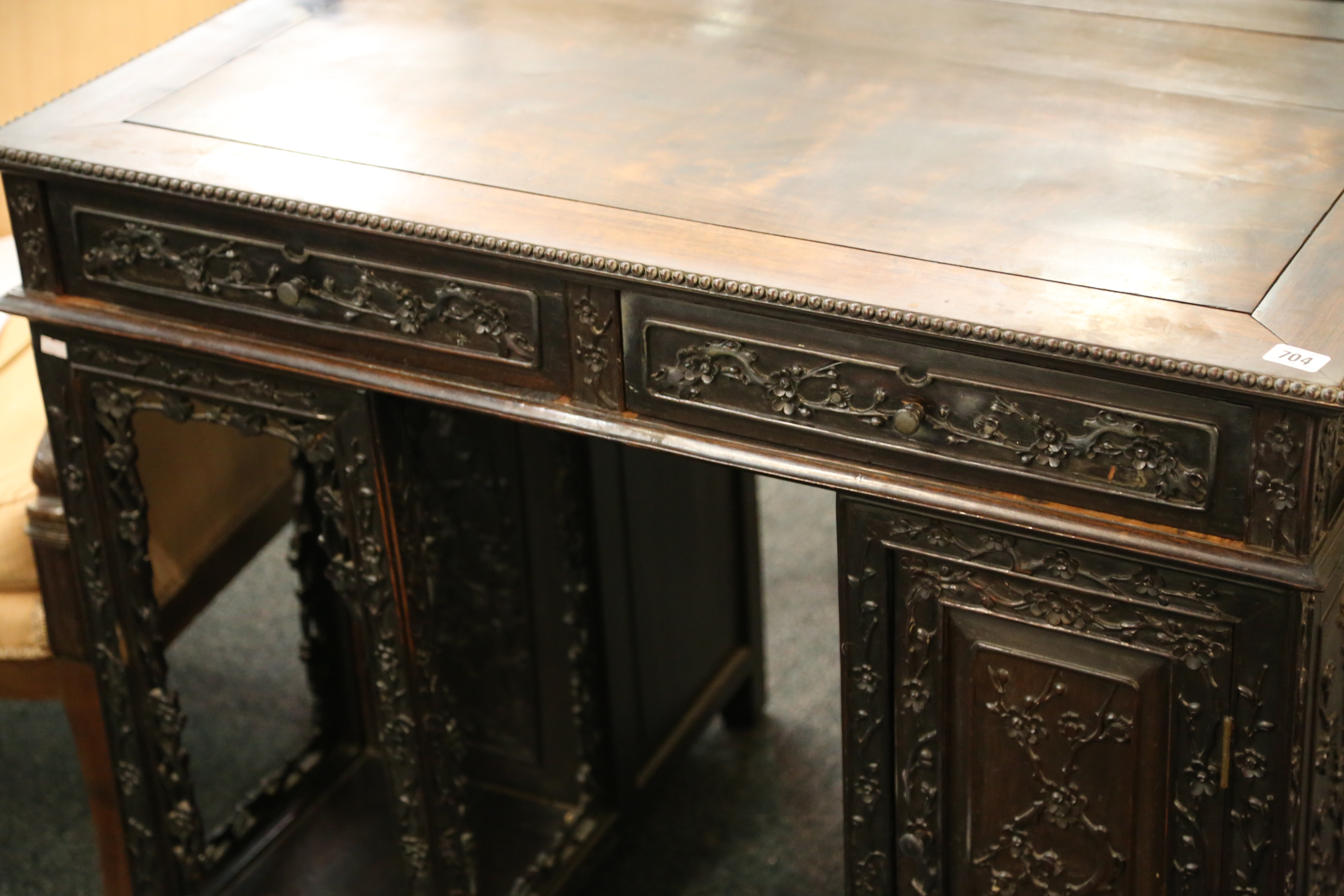 A Chinese padouk wood, twin pedestal desk, with an - Image 2 of 2