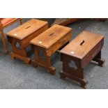 A trio of country stools, oak, Arts & Crafts, leaf