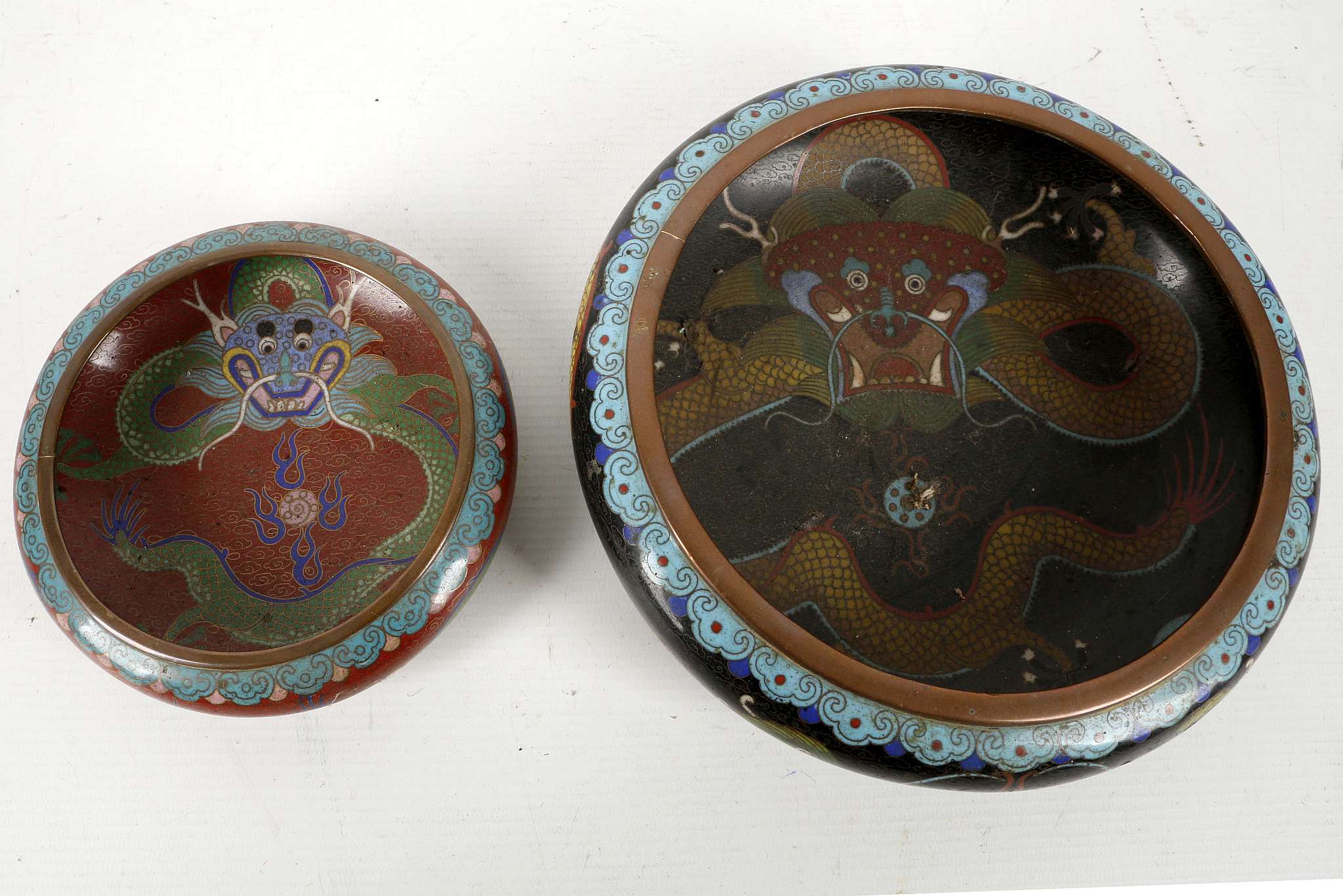 Cloisonné, two dragon decorated bowls, one bearing - Image 2 of 3