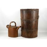 A French cylindrical flour bin, fruitwood with iro