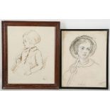 A pair of 20th Century portrait drawings, the first of a young youth with a summer hat and staff,