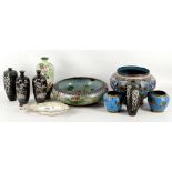 A collection of cloisonné vases and bowls, all sol