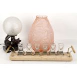 Three Art Deco items, to include a moulded pink glass vase, a bronze lamp with spherical shade,
