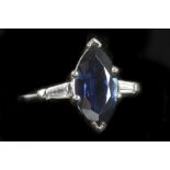 A 14k white gold, marquise cut, sapphire and diamo