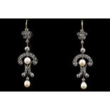 A pair of Edwardian, diamond and pearl set pendant