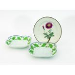 Two Wedgwood pearlware foliate pattern square dishes and a Swansea botanical pearlware plate with