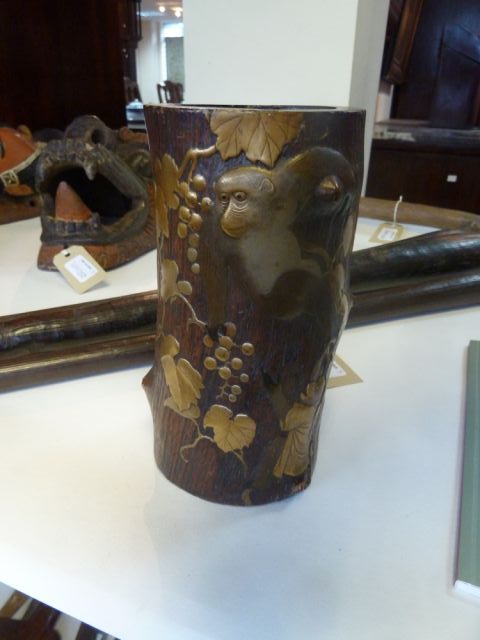A Japanese carved bamboo vase, Meiji period, highlighted in gilt depicting monkeys climbing a - Image 2 of 2