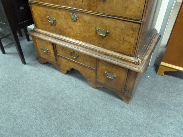 A Queen Anne walnut chest on stand, circa 1710, the chest with two short and three long drawers on a - Image 4 of 6