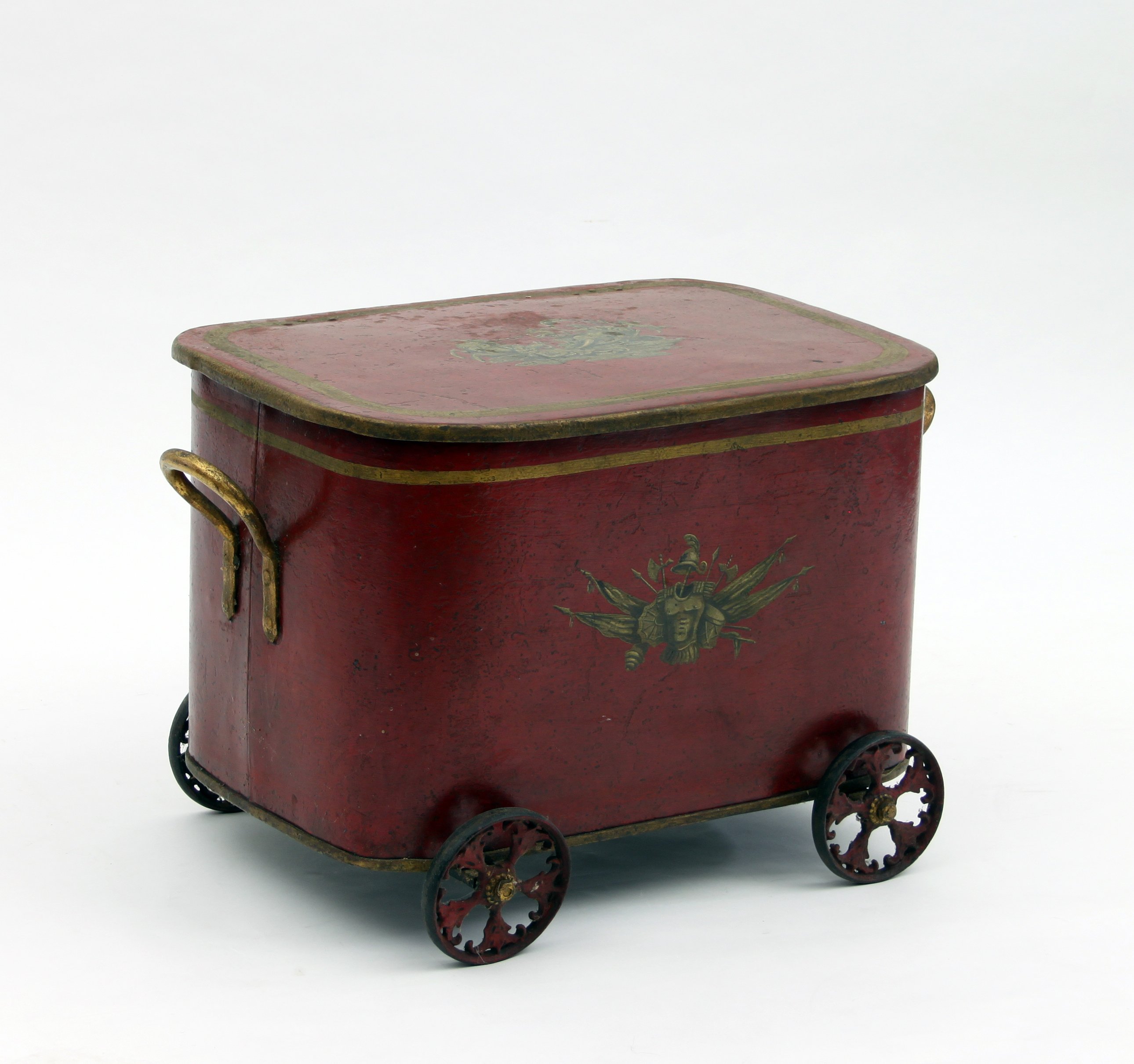 A red japanned log bin on wheels, 55.75c