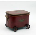 A red japanned log bin on wheels, 55.75c