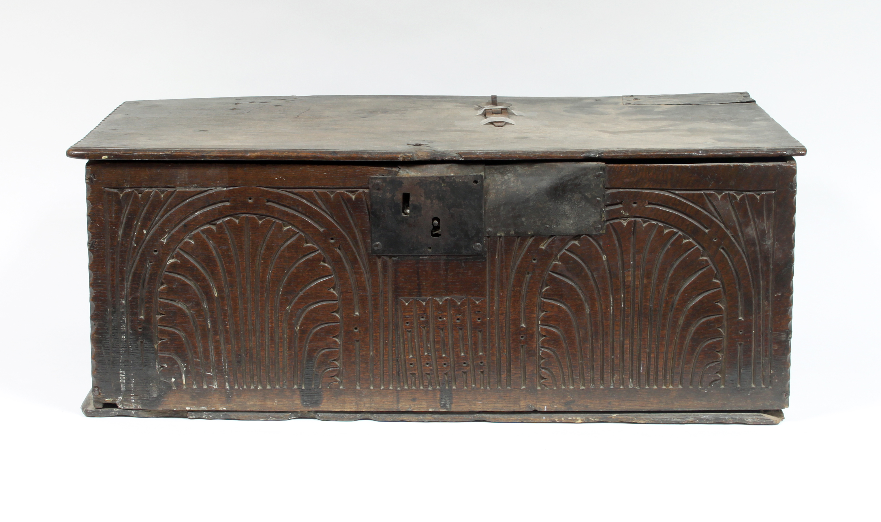 A 17th Century oak bible box with carved