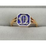 A gold, diamond and enamel ring, the square shaped cut corner blue enamel plaque applied with the