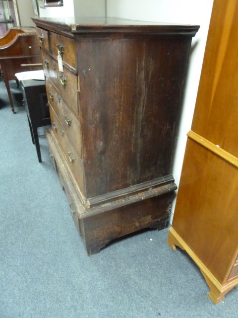 A Queen Anne walnut chest on stand, circa 1710, the chest with two short and three long drawers on a - Image 3 of 6