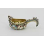 A Russian silver gilt, enamel and jewelled kovsh, circa 1908-1917, the bowl of lobed form with