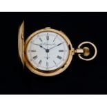 A Swiss gold cased hunter pocket watch, the circular enamel dial signed A Huguenin & Sons, Locle,