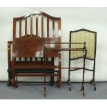 An Edwardian towel rail, 69cm wide, a fire screen and a pair of Edwardian inlaid bed