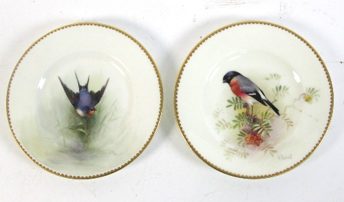 Two Royal Worcester saucers depicting birds, bullfinch and swallow, decorated by W Powell circa