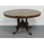 A Victorian walnut veneered loo table with oval top, 120cm long