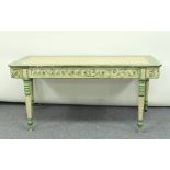 A George III D-shaped table on turned tapering legs, painted with borders of scrolling foliage,