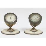 A table clock and table barometer, T A Austin & Co. Dublin, each of kettle drum form on an alabaster