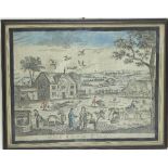 Early 19th Century Naive School/The Farm Yard/wood engraving with hand colouring,