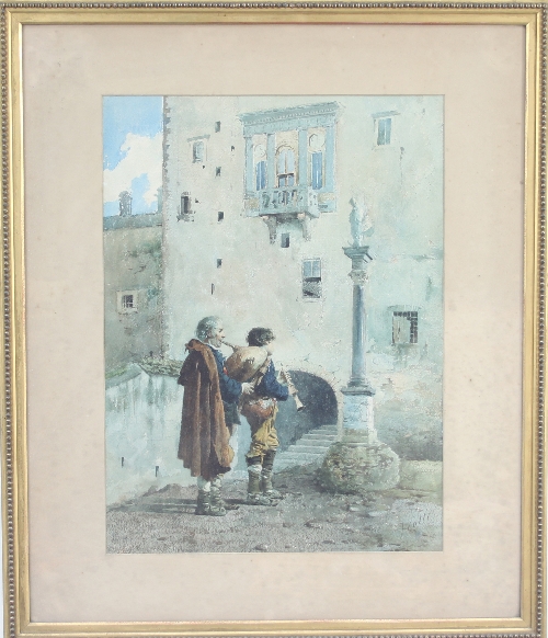 Viotti/Italian Musicians by a Juliet Balcony/signed/watercolour, 55cm x 41cm/Provenance: Plas Gwyn, - Image 2 of 2