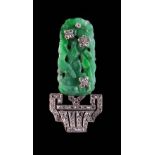 A Cartier style jade and diamond clip, the carved jade 'tree' with diamond set flowerheads,