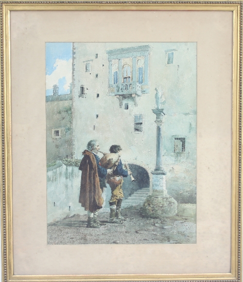 Viotti/Italian Musicians by a Juliet Balcony/signed/watercolour, 55cm x 41cm/Provenance: Plas Gwyn,