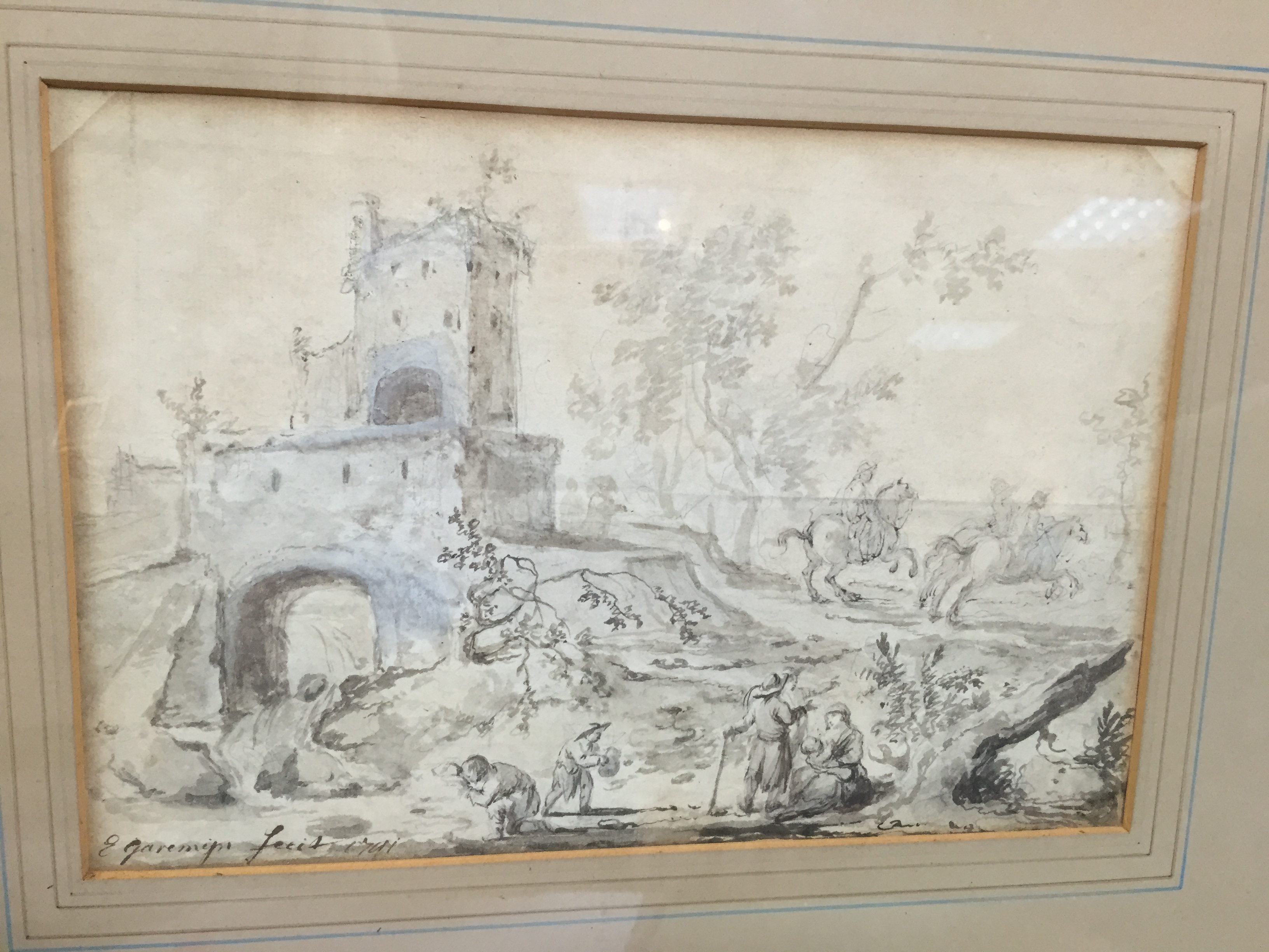 E Garemipi/Horsemen near a Bridge/signed and dated 1701/pencil and wash, 16cm x 24. - Bild 2 aus 4