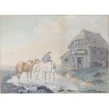 18th Century English School/Horses in a stream by a Barn/watercolour,