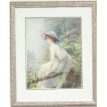 Late 19th Century English School/Portrait of a Woman/seated on a fence beside a lake/watercolour,
