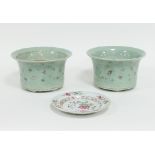 A pair of Chinese celadon and famille rose plant pots, circa 1920, of tapering cylindrical form,