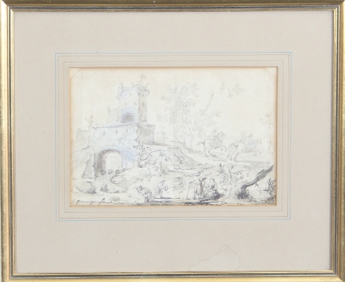 E Garemipi/Horsemen near a Bridge/signed and dated 1701/pencil and wash, 16cm x 24.