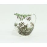 A large Victorian jug, transfer printed buildings within landscapes and green and brown borders,