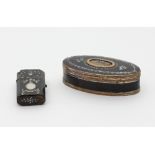 A late 18th Century oval box with silver coloured metal wirework decoration and central oval to the