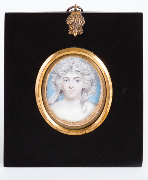 18th Century English School/Portrait of a Young Lady/head and shoulders, with curly,