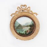 19th Century French School/River Landscape/reverse painting on glass,