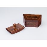 A walnut box and cover, inlaid chequer banding, 16cm wide and an Edwardian mahogany desk blotter,