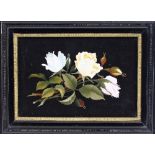 A 19th Century rectangular black marble panel, finely decorated roses and foliage in colour, framed,