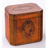 A late 18th Century satinwood tea caddy, with cable borders and inlaid canted sides,