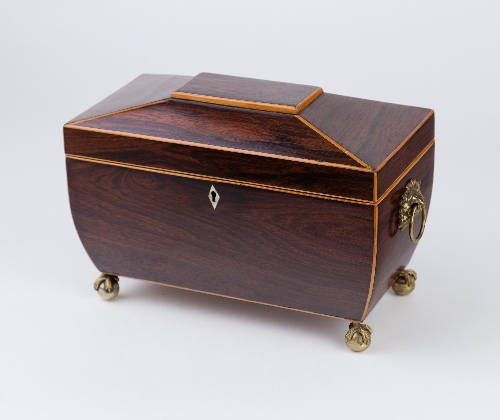 A Regency rosewood sarcophagus shaped tea caddy with ring handles to the sides,