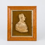 A gilt brass bust of The Duke of Wellington, mounted and in a maple wood frame,