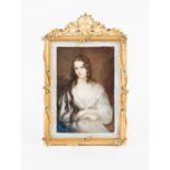 19th Century English School/Portrait of a Young Lady/three-quarter length wearing her hair in